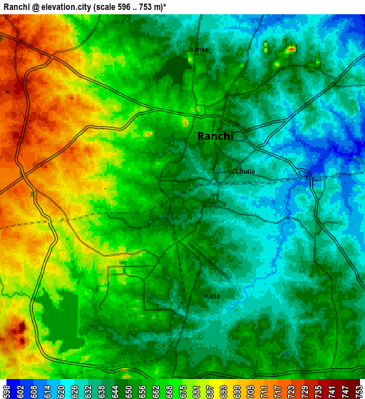 Zoom OUT 2x Ranchi, India elevation map
