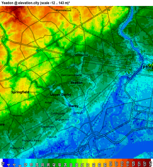 Zoom OUT 2x Yeadon, United States elevation map