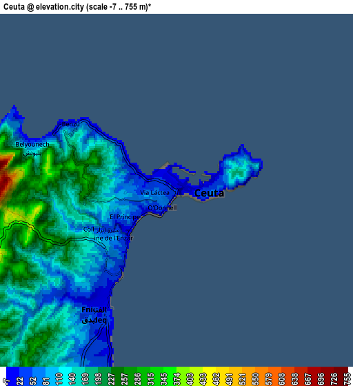 Zoom OUT 2x Ceuta, Spain elevation map