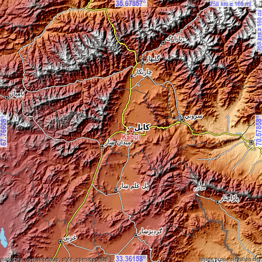 Topographic map of Kabul
