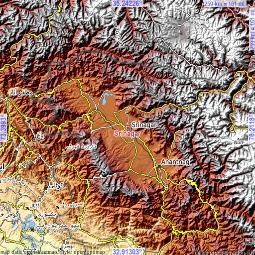 Topographic map of Srinagar