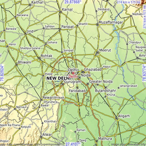 Topographic map of Delhi