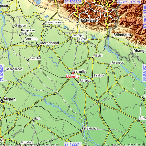 Topographic map of Bareilly