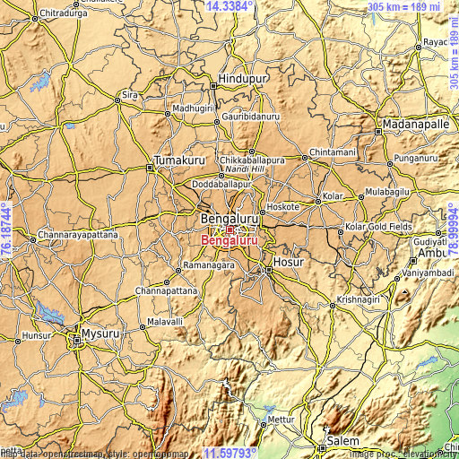 Topographic map of Bengaluru