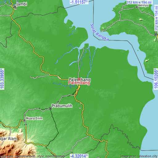 Topographic map of Palembang