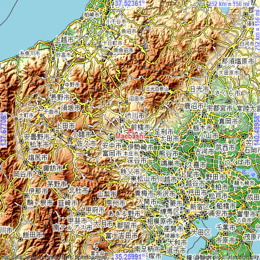 Topographic map of Maebashi
