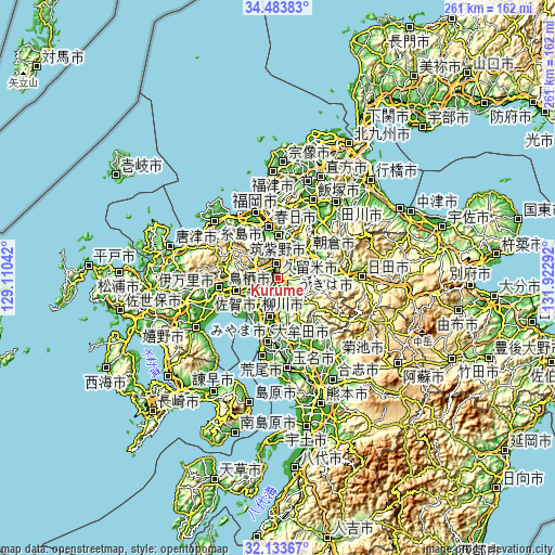 Topographic map of Kurume