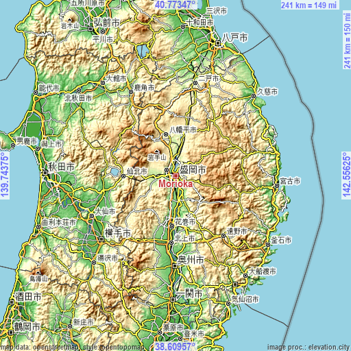 Topographic map of Morioka