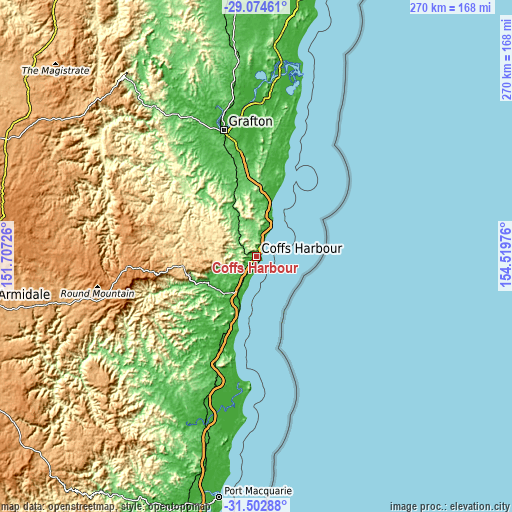 Topographic map of Coffs Harbour