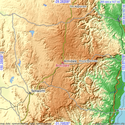 Topographic map of Armidale