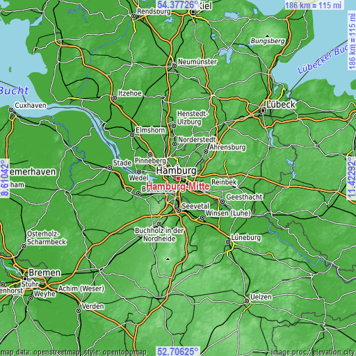 Topographic map of Hamburg-Mitte