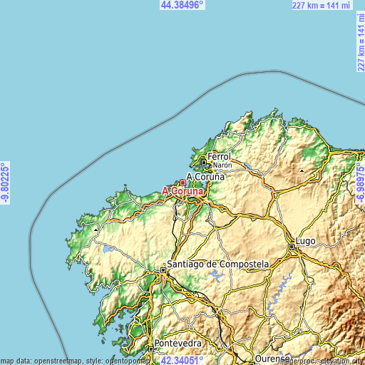 Topographic map of A Coruña