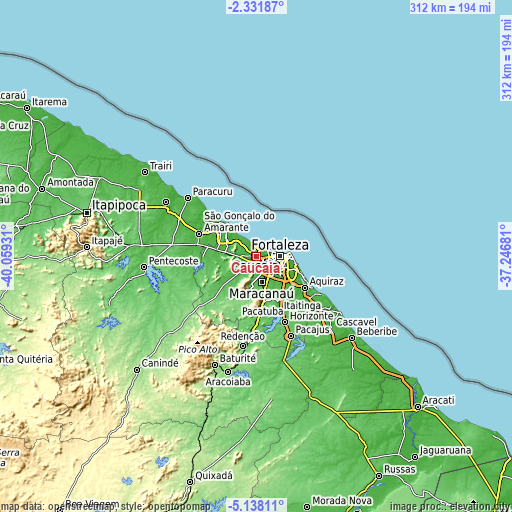 Topographic map of Caucaia