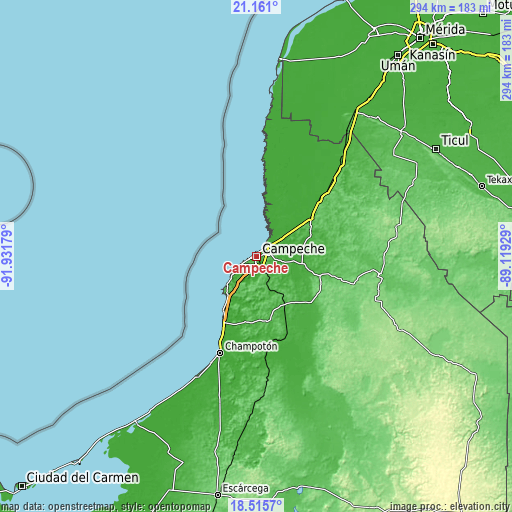 Topographic map of Campeche