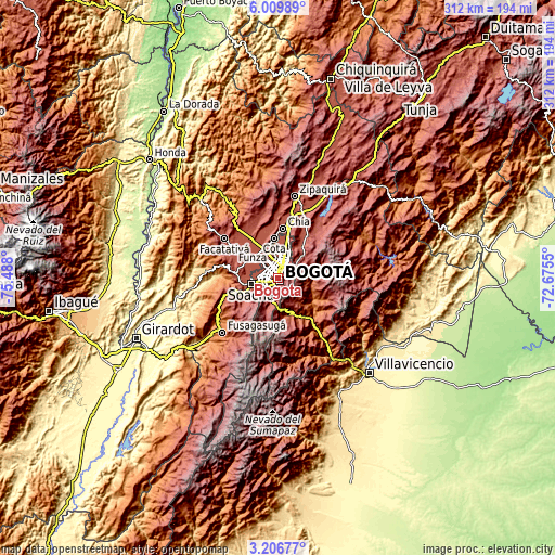 Topographic map of Bogotá