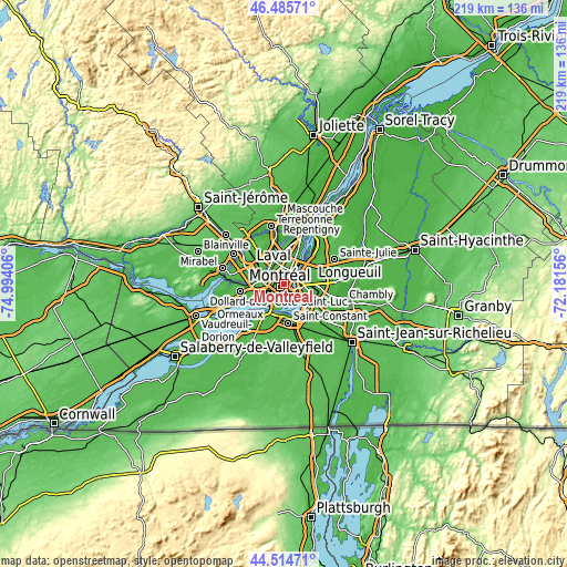 Topographic map of Montréal