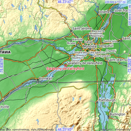 Topographic map of Salaberry-de-Valleyfield