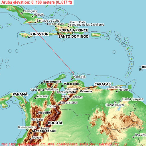 Aruba on topographic map