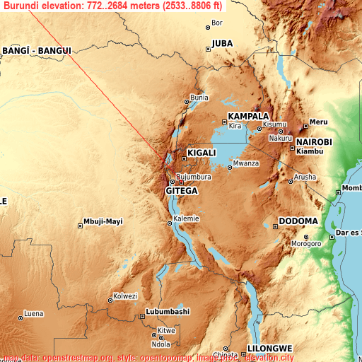 Burundi on topographic map