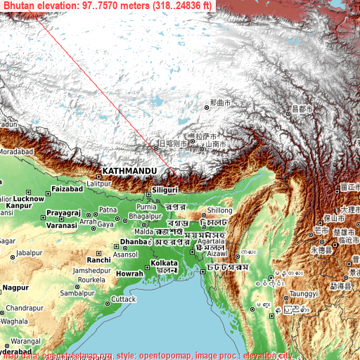 Bhutan on topographic map