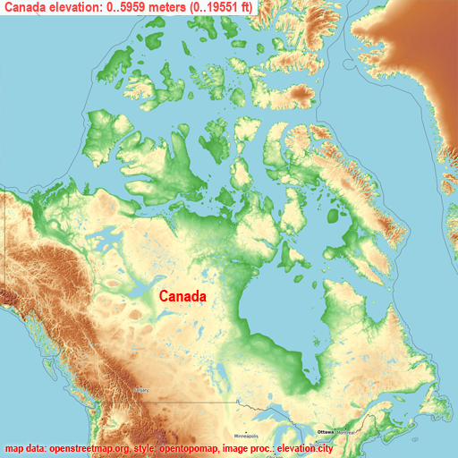 Canada on topographic map