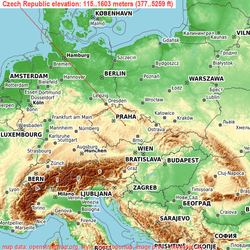Czech Republic on topographic map
