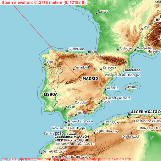 Spain on topographic map