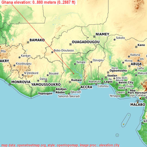 Ghana on topographic map