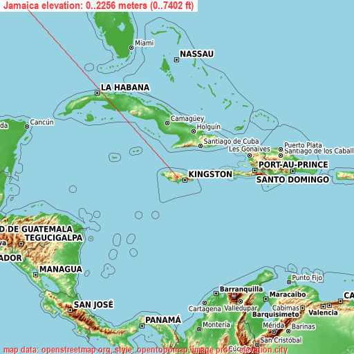 Jamaica on topographic map