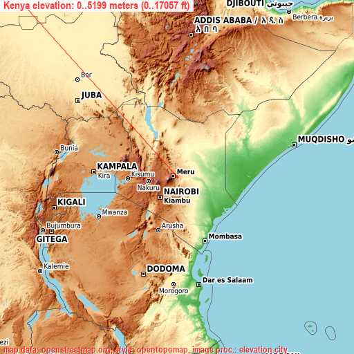 Kenya on topographic map