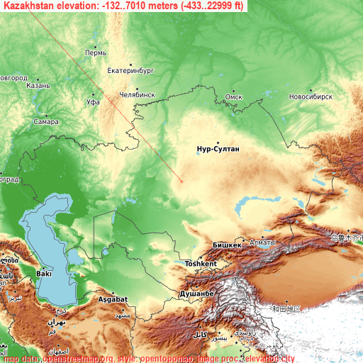 Kazakhstan on topographic map