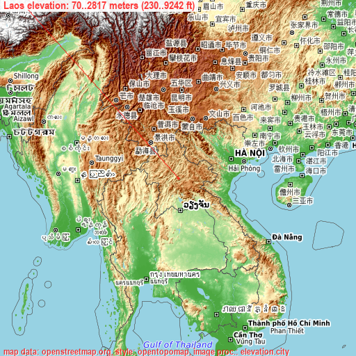 Laos on topographic map