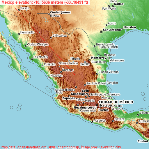 Mexico on topographic map