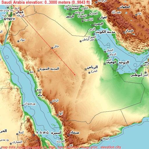 Saudi Arabia on topographic map