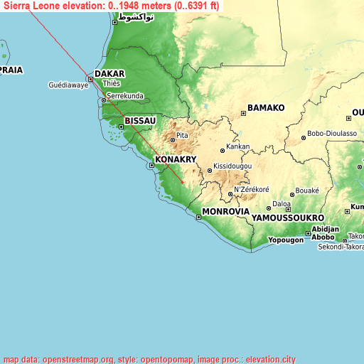 Sierra Leone on topographic map