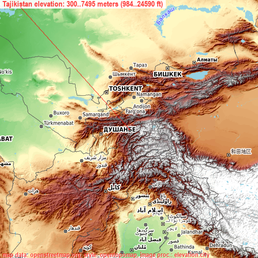 Tajikistan on topographic map