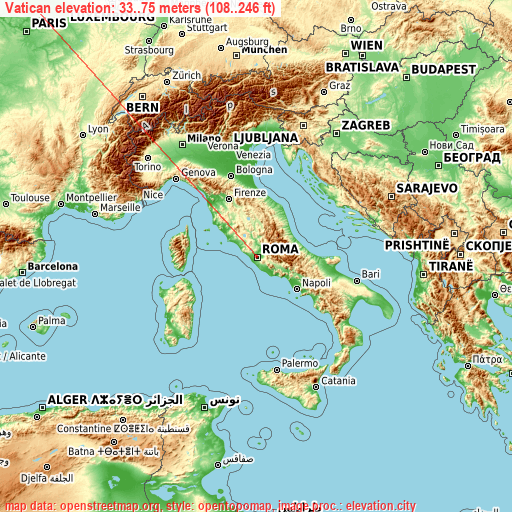 Vatican on topographic map