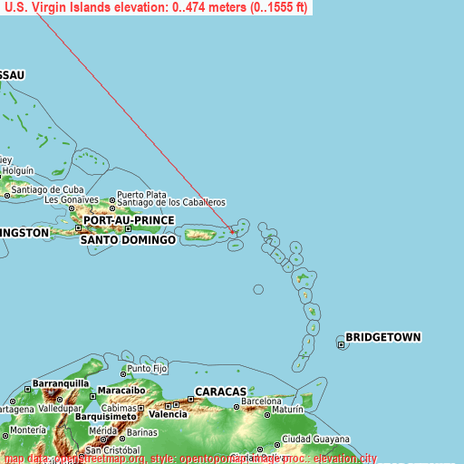 U.S. Virgin Islands on topographic map