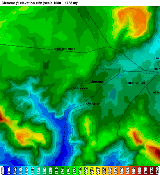 Zoom OUT 2x Glencoe, South Africa elevation map