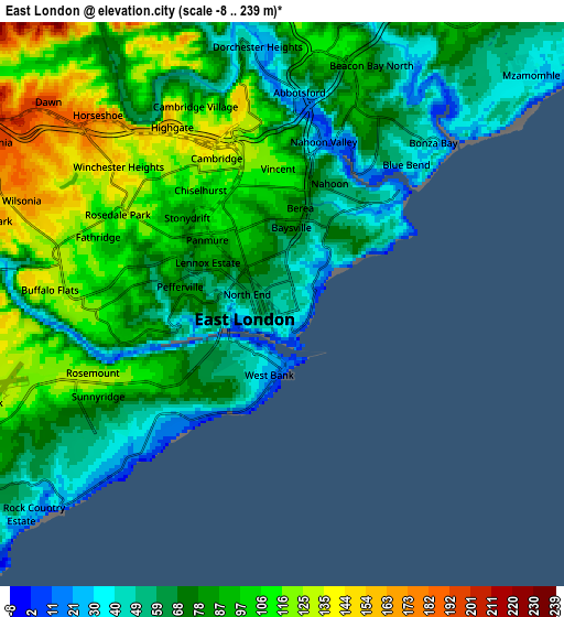 Zoom OUT 2x East London, South Africa elevation map