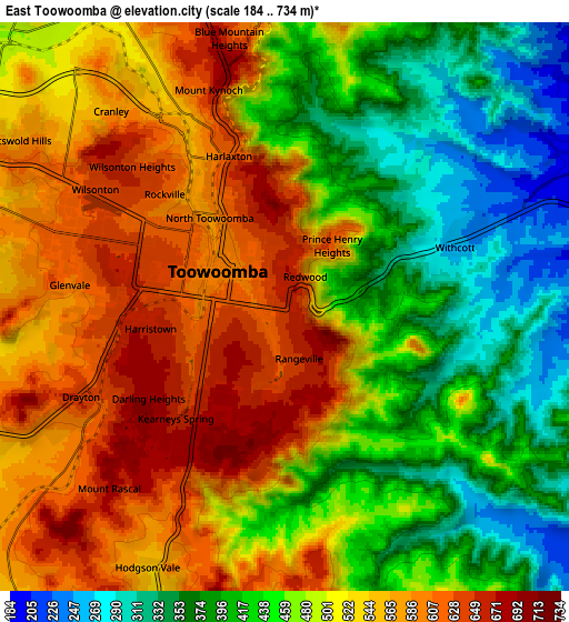 Zoom OUT 2x East Toowoomba, Australia elevation map