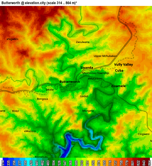 Zoom OUT 2x Butterworth, South Africa elevation map