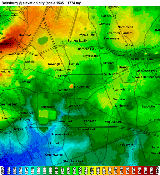 Zoom OUT 2x Boksburg, South Africa elevation map
