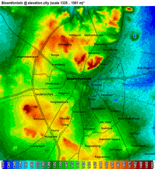 Zoom OUT 2x Bloemfontein, South Africa elevation map