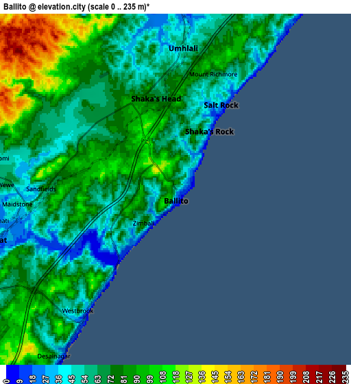 Zoom OUT 2x Ballito, South Africa elevation map