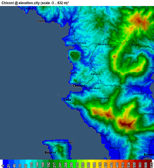 Zoom OUT 2x Chiconi, Mayotte elevation map