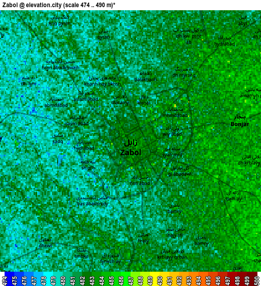 Zoom OUT 2x Zābol, Iran elevation map