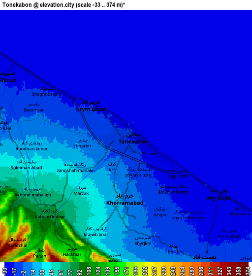 Zoom OUT 2x Tonekābon, Iran elevation map
