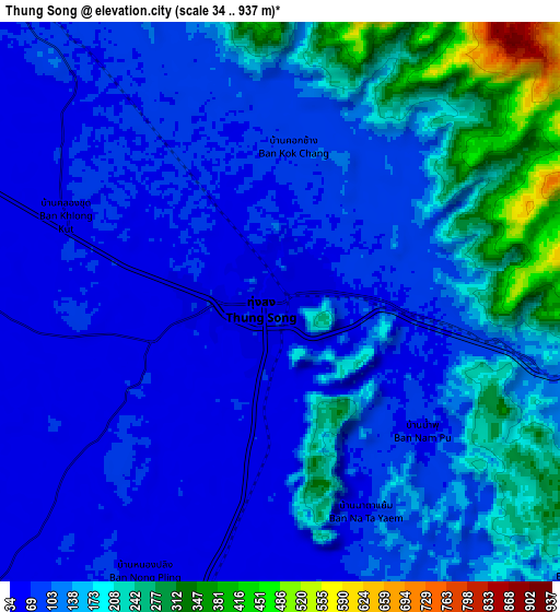 Zoom OUT 2x Thung Song, Thailand elevation map