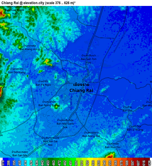 Zoom OUT 2x Chiang Rai, Thailand elevation map